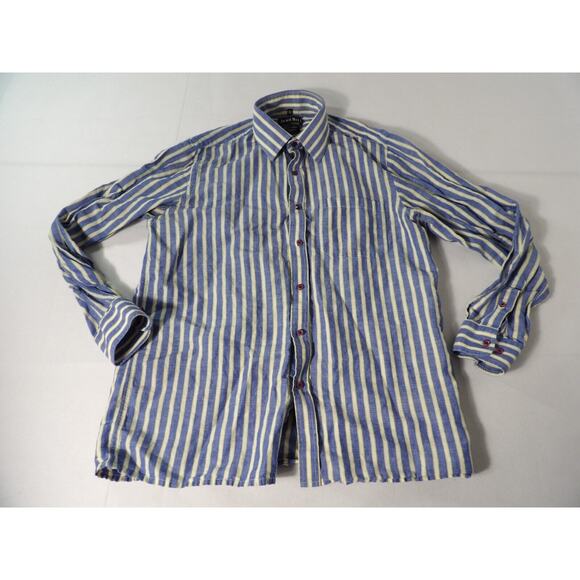 John Hill Shirt Irish Linen Mens Sz 40 Large Button Up Vertical Stripe Blue Vaca - Picture 1 of 14